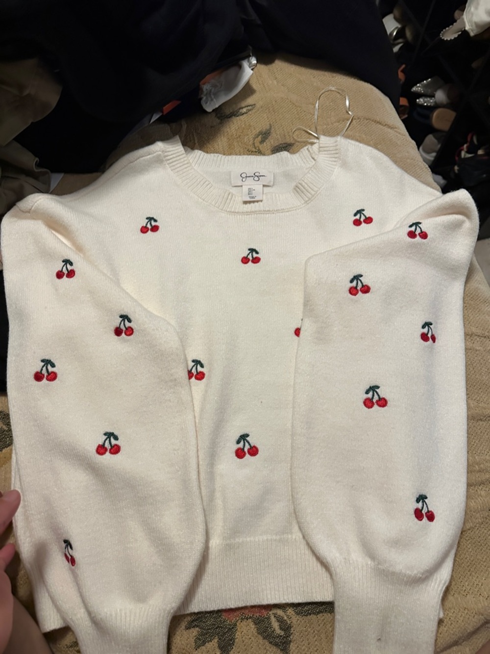 Jessica Simpson Cream Crewneck Sweater with Red Cherry Embroidery